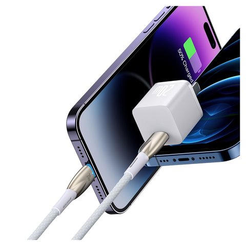 Cable USB Baseus Glimmer, USB tipo C, Lightning, 100 cm, 20 W, blanco, con revestimiento de nylon, con indicador, #CADH000002 Vista previa  2