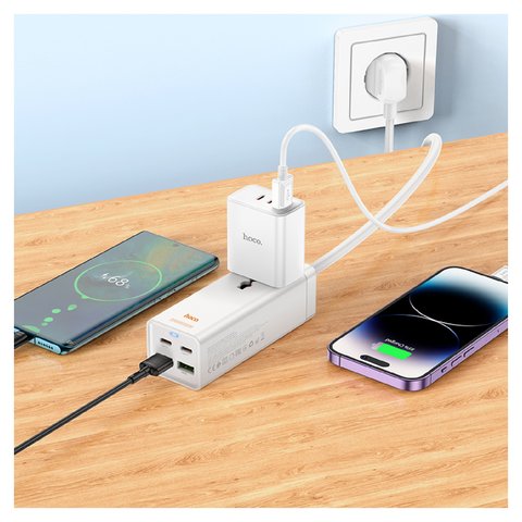 Мережевий зарядний пристрій Hoco AC10A, 65 Вт, Power Delivery (PD), білий, з розеткою, 4 порта, 1,5 м, GaN, #6942007601689 Прев'ю 1