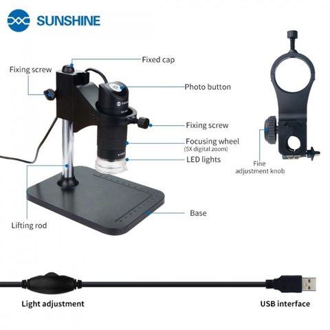 Микроскоп Sunshine DM-1000S, USB, 2,0 Мп, верхняя подсветка, до 1000X Превью 6